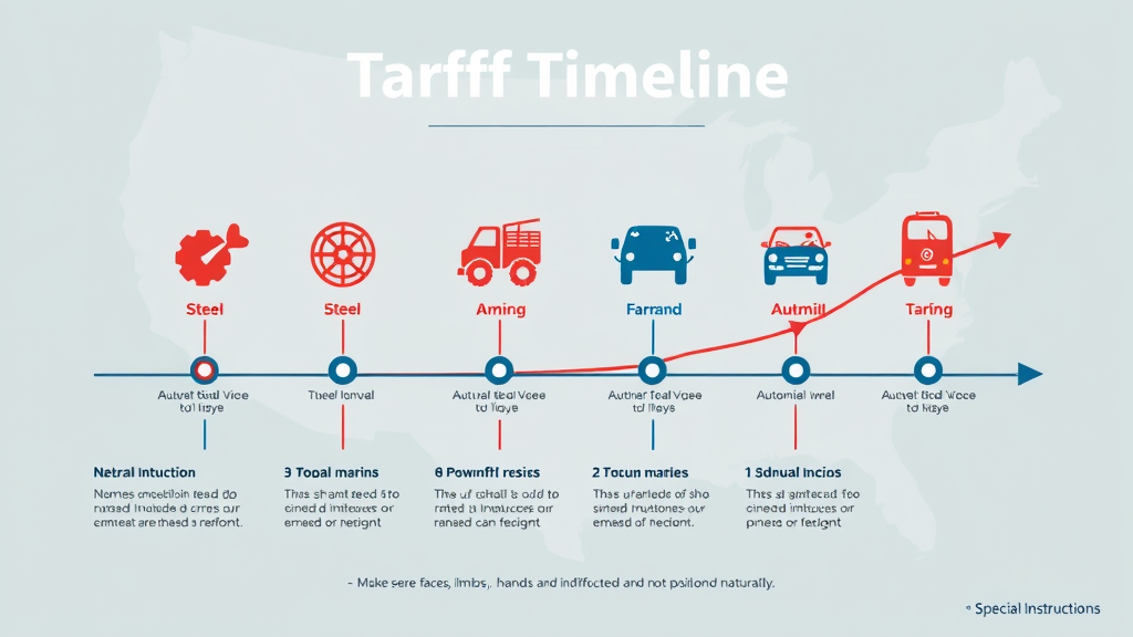 Tariff timeline infographic for affected industries US tariffs, highlighting steel, farming, automotive, and consumer goods sectors with rising and falling rates