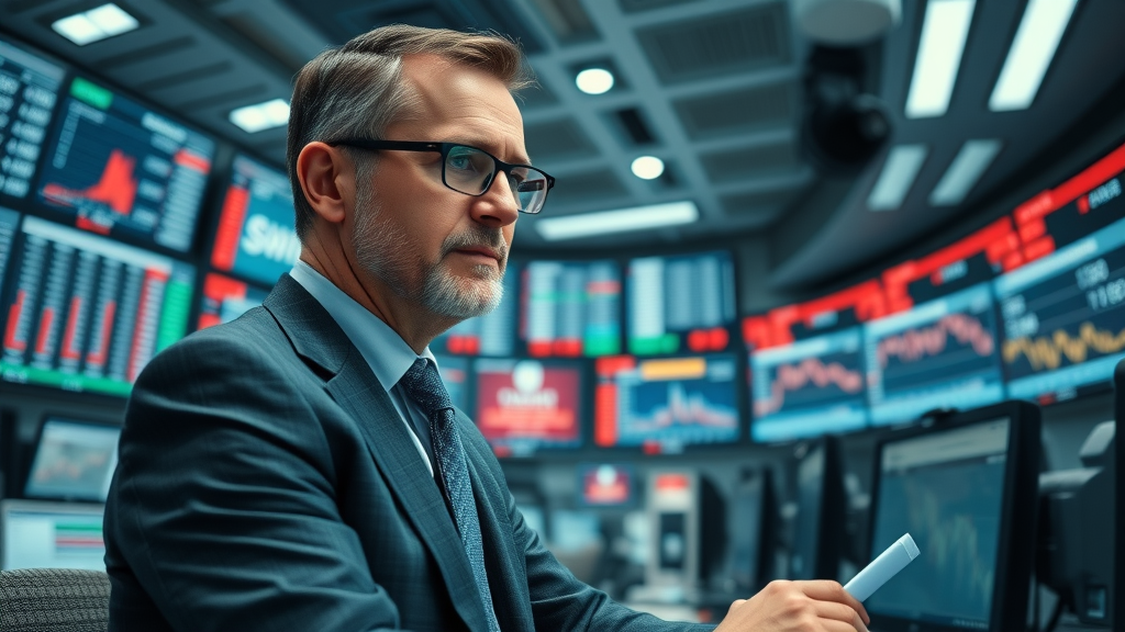 insightful newsroom analyst interpreting real-time trade data export news digital tickers economic headlines