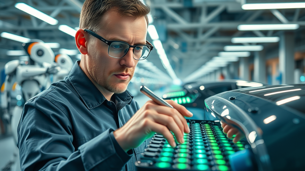 engineer examining electric vehicle battery on advanced EV assembly line
