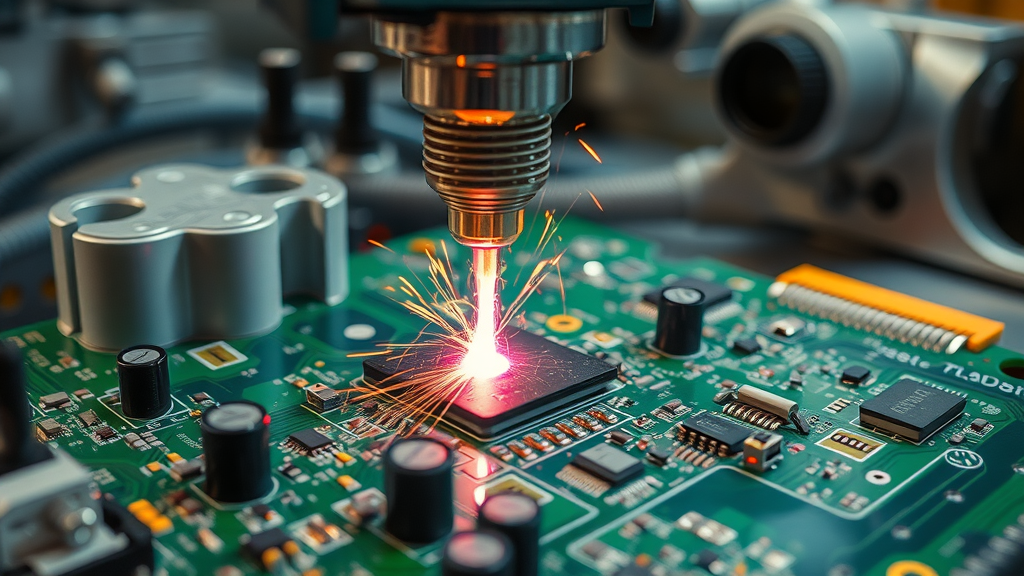 Laser welding a fine weld seam on a microelectronic circuit board, demonstrating use in electronics manufacturing