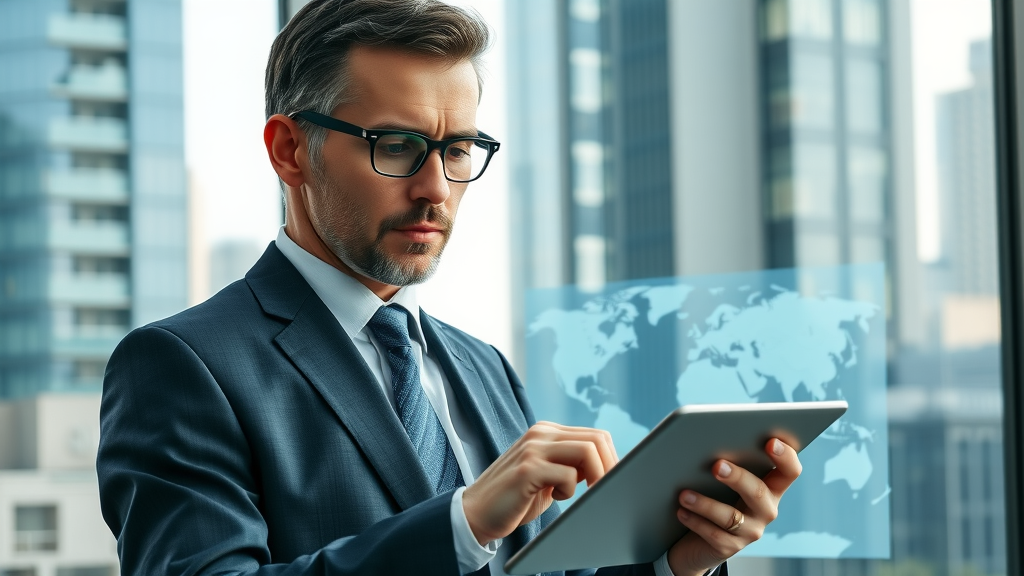 Economist reviewing global trade data on electronic tablet, maps in background, sophisticated office environment, United States trade policy focus