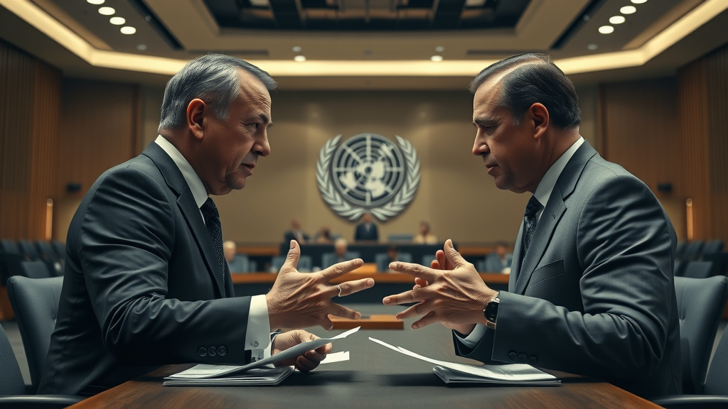 Dramatic diplomatic standoff illustrating economic tension between global leaders over international trade policy and tariff barriers.
