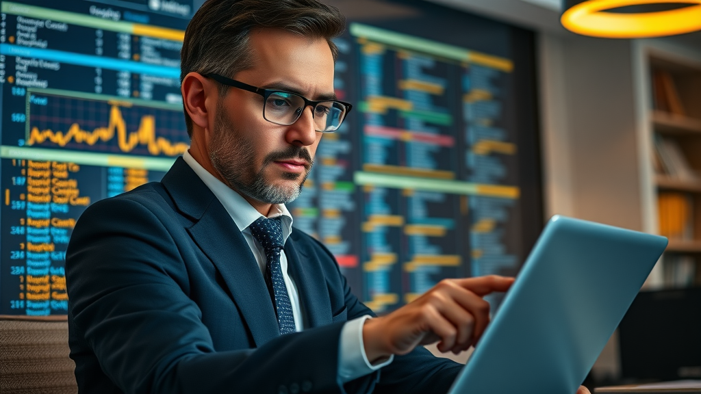 business professional monitoring online tariff data and updates with digital interface showing impacted products
