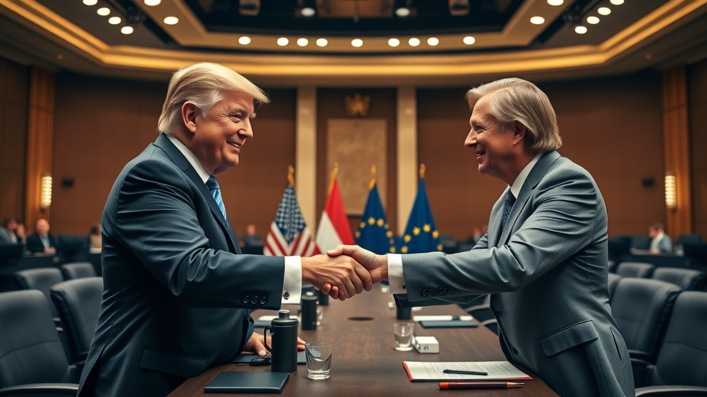 us and eu diplomats closing trade deal and celebrating tariff reduction