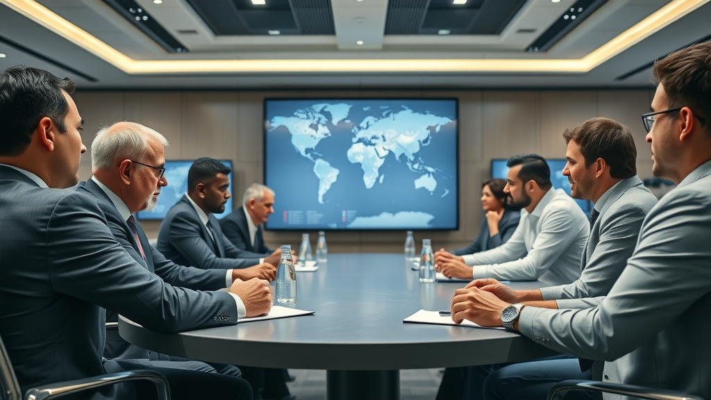 insightful international trade meeting with delegates conferring over trade agreements, global map and digital screens, representing international trade organizations
