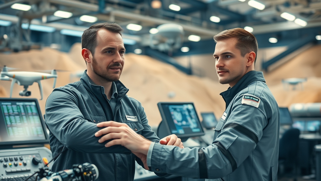 forward-thinking mining technology; engineers operating autonomous machinery at a high-tech open-pit mining site, with digital screens and robots
