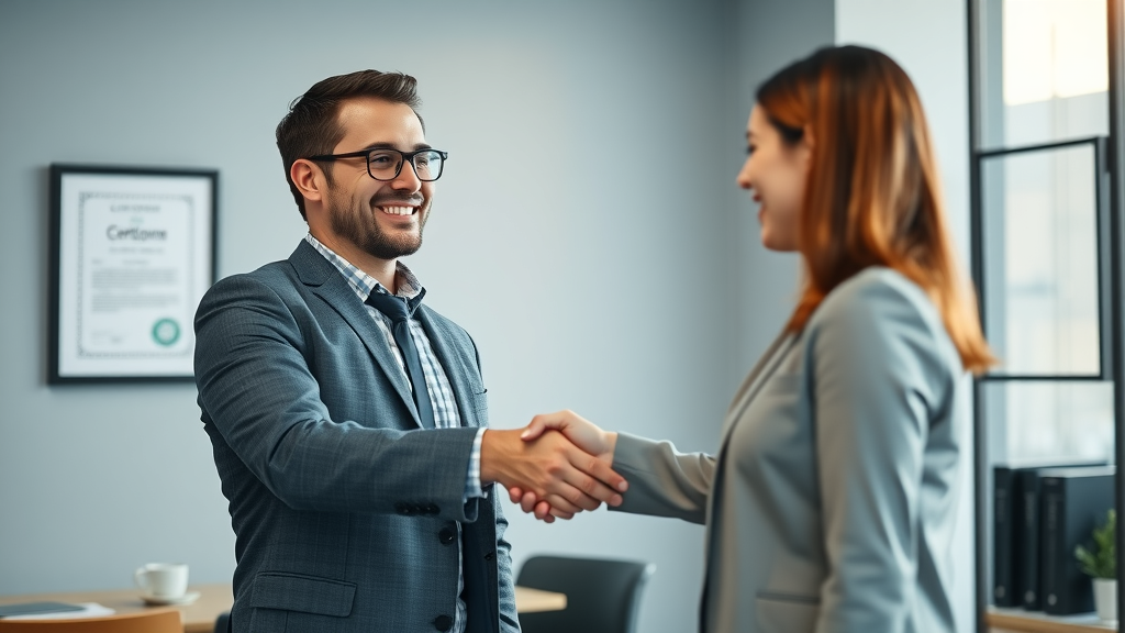 aspiring customs professional shaking hands with manager after certification; customs brokerage certification framed in office