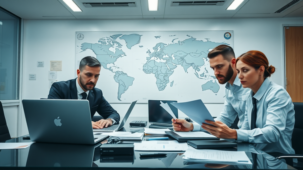 Modern business office executives reviewing customs documents, customs duties news, global trade, compliance strategy