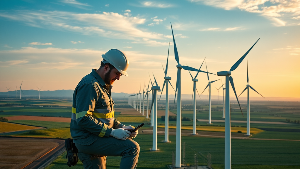 Technicians maintaining wind turbines powered by rare earth magnets in a vast renewable energy project