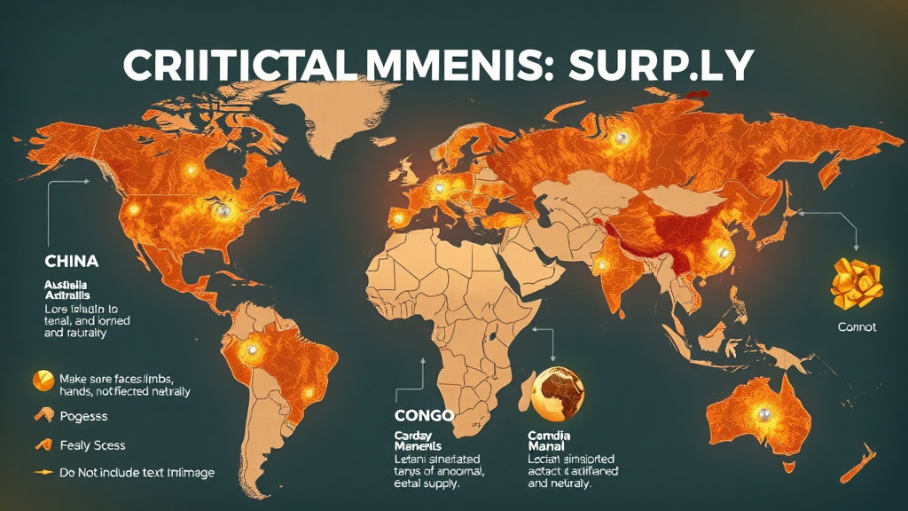 Infographic highlighting China, Australia, and Congo as leaders in critical minerals supply, market share, and exports