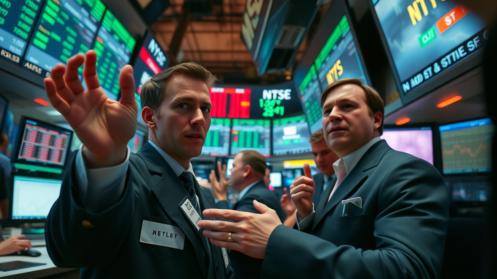 US tariffs market fallout, anxious Wall Street traders, stock tickers showing winners and losers among affected industries US tariffs