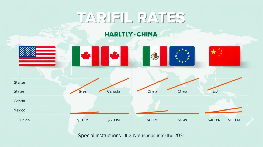 Comparative infographic of 2023-2025 tariff rates United States Canada Mexico China EU, trading partner tariff regulation trends.