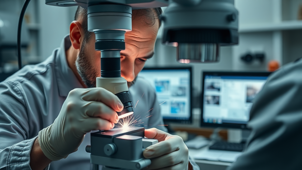 detailed quality inspection of a laser welded joint under magnification, highlighting precision weld bead and professional inspection