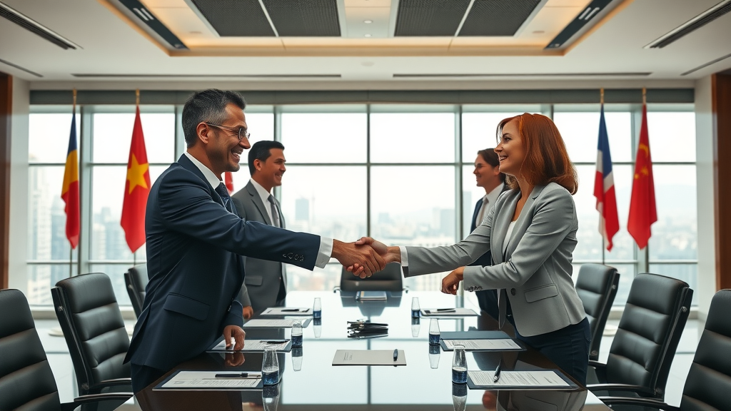 free trade businessmen businesswomen handshake international agreement