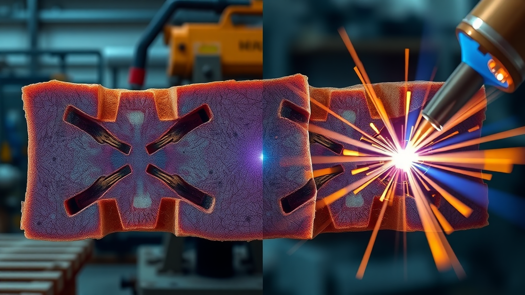 side-by-side illustration of laser welding and MIG welding joint samples showing precision and weld penetration