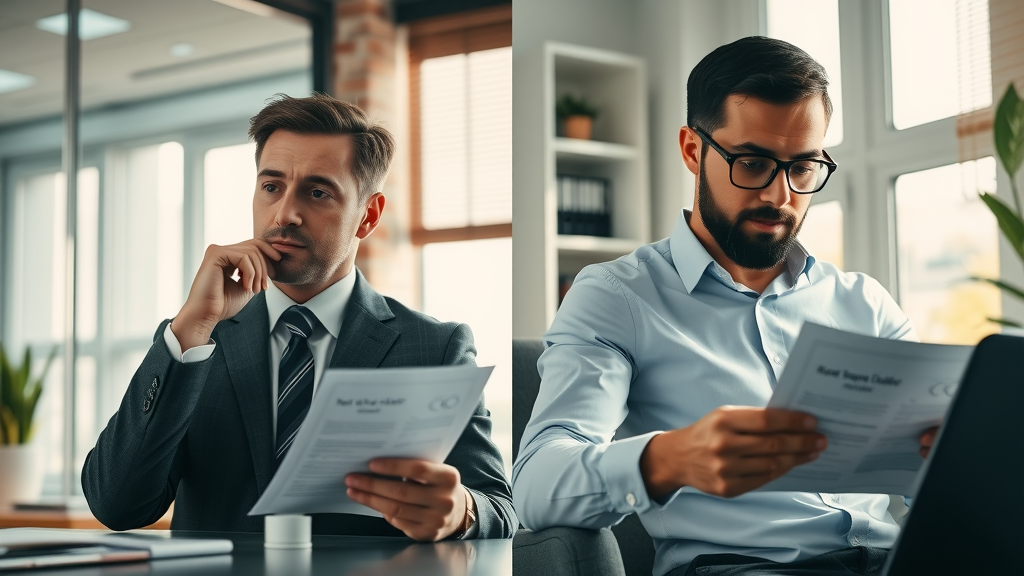 Customs broker and small business owner reviewing customs clearance paperwork and comparing clearance process options in their respective offices