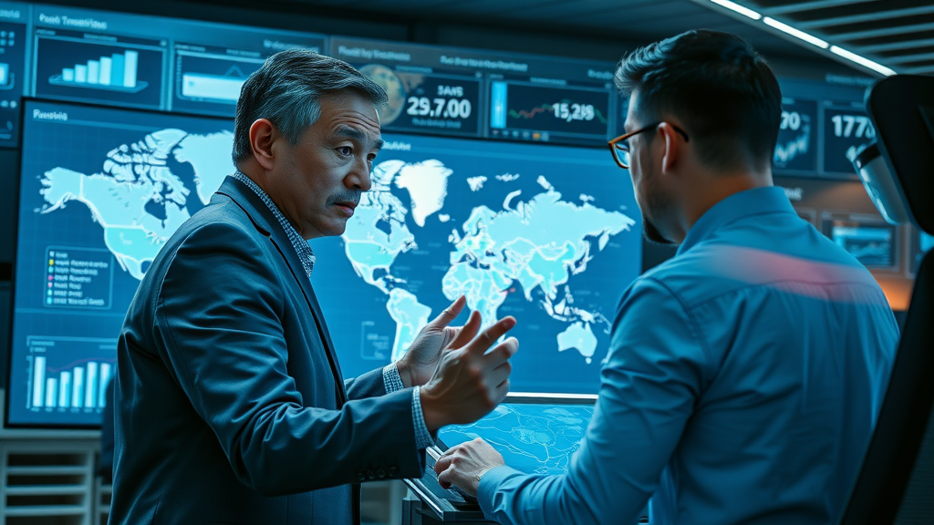 executive reviewing global transport network map during strategic logistics planning in a high-tech room