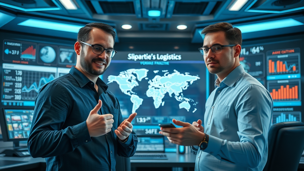 futuristic logistics control room with professionals analyzing real-time cross border logistics shipment data on holographic displays, illustrating high-tech international logistics