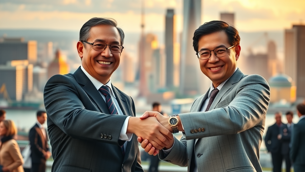 optimistic business leaders shaking hands over new trade agreements reflecting positive economic trade trends in an international cityscape