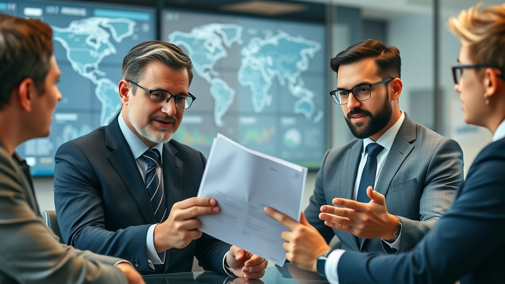 Global business leaders discussing international trade agreements in a modern office with world map digital screens. Faces and hands are naturally positioned.