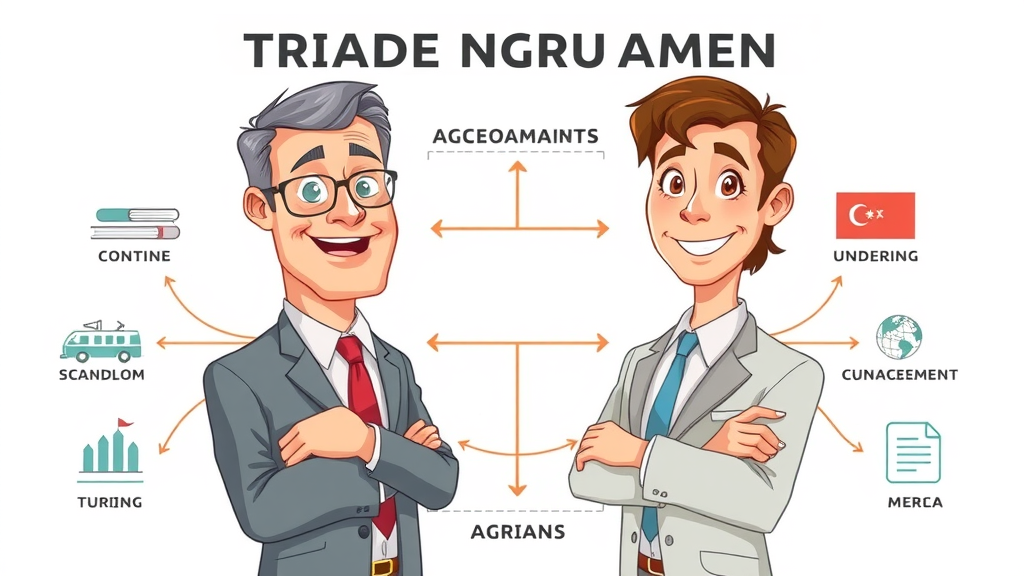 Infographic illustrating different types of trade agreements with global commerce icons and arrows showing trade flows. Clean style, vibrant yet formal. All hands and faces are natural and properly positioned.