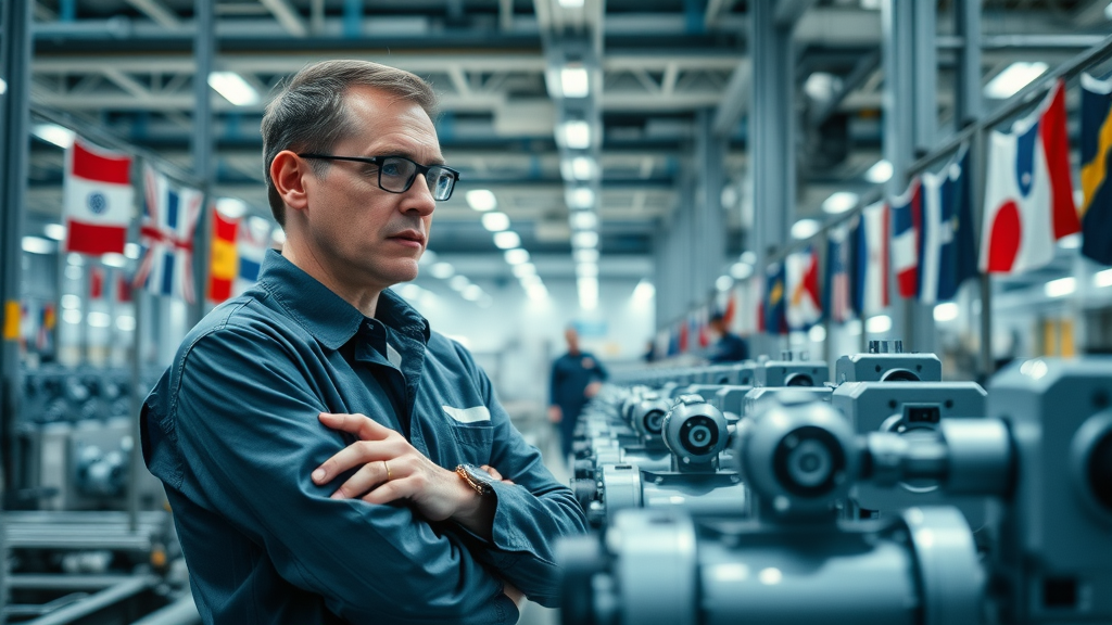 Engineers supervising automated production line inside a modern factory with global flags, symbolizing manufacturing under trade agreements. Faces and hands naturally posed.