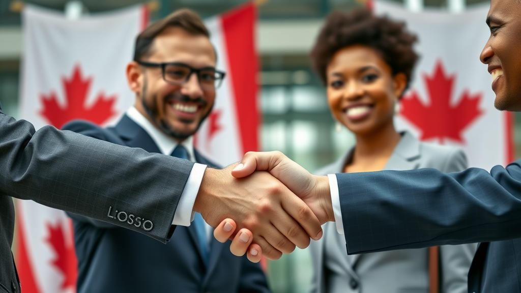 Handshake between diverse business people representing USMCA with blurred North American flags. All limbs and facial features natural and well-positioned.