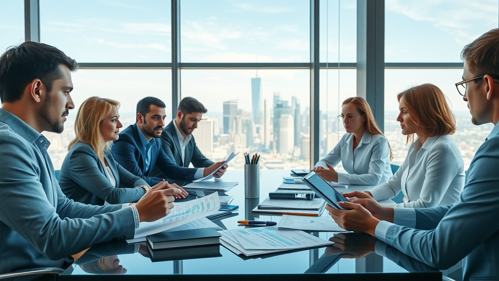 Modern conference room with professionals discussing trade policies and analyzing documents. All faces and hands are properly positioned, city skyline in background.