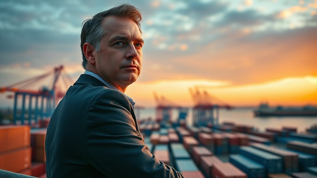 Business leader overlooking busy port shipping containers at dusk, reflecting on global trade. Naturally positioned hands and contemplative facial expression.
