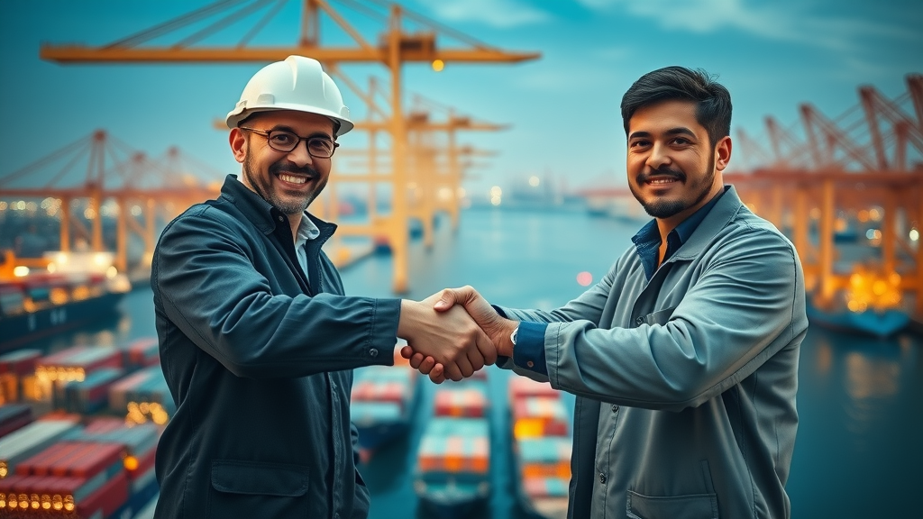 Manufacturers shaking hands across borders in a bustling global marketplace illustrating international trade agreement. Cinematic panoramic view of world trade routes with illuminated shipping lanes.