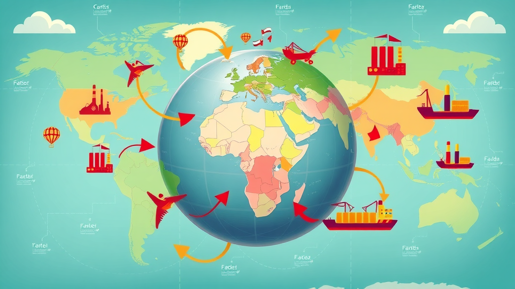 Infographic showing interconnected countries trading, factories and cargo ships illustrating international trade agreement.