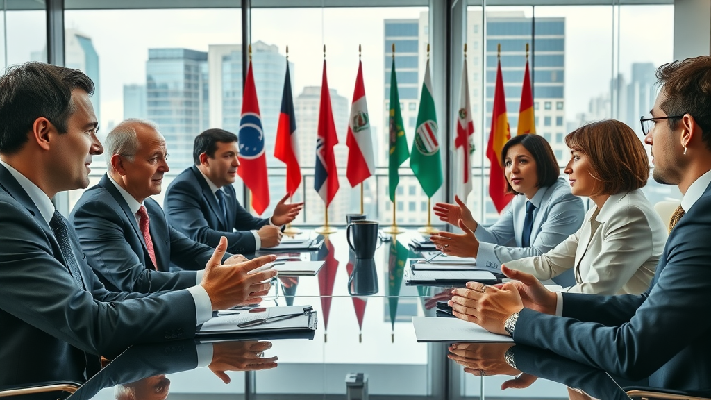 Professional diplomats engaged in free trade agreement negotiations, surrounded by international flags and cityscape.