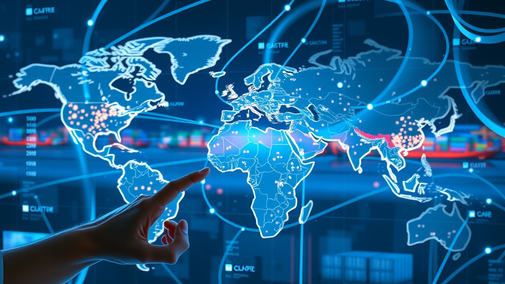Animated cargo ships and containers illustrating global movement under international trade agreement; futuristic digital world map interface.