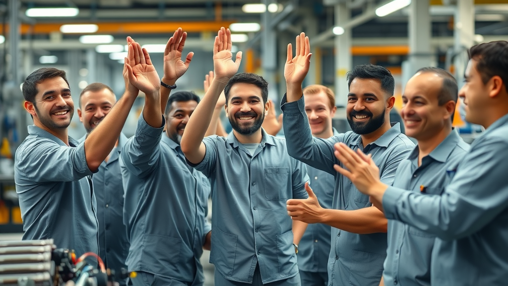 Diverse factory workers celebrating manufacturing success under trade agreement, modern plant in background.