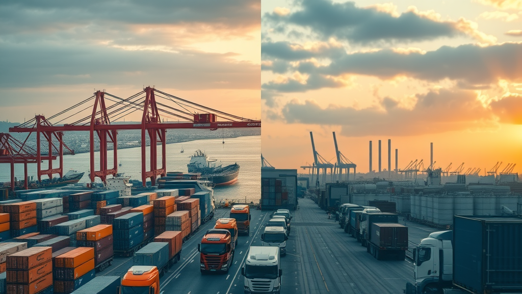 Before-and-after comparison of a port transformed by a free trade agreement: from outdated to modern, illustrating growth and manufacturing exports.