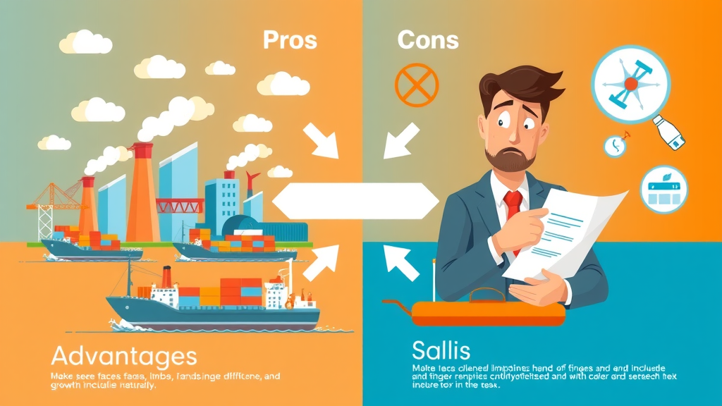 Infographic comparing manufacturing advantages and challenges of international trade agreement; factories and paperwork side by side.