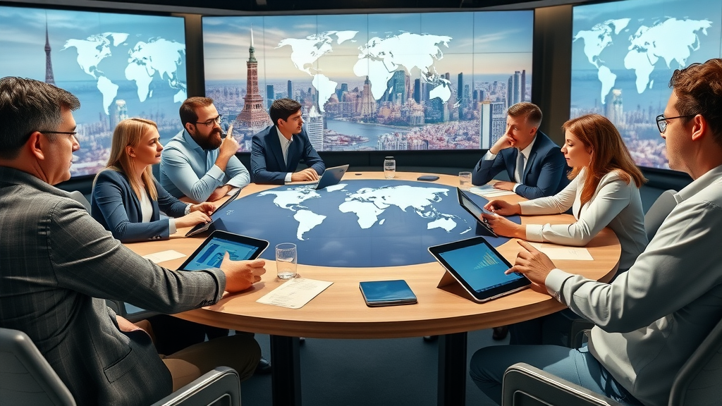 Diverse panel of trade experts in discussion around a roundtable, debating international trade agreement impact, animated digital charts in background.