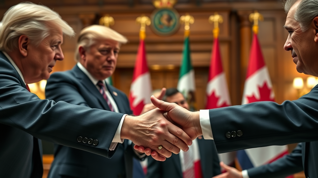 Executives exchanging documents at an international business meeting with a cityscape background, representing trade agreement negotiation