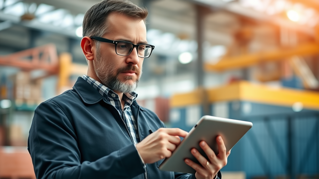 Industry leader reviewing global trade data on a tablet, symbolizing the importance of staying informed about trade pact developments