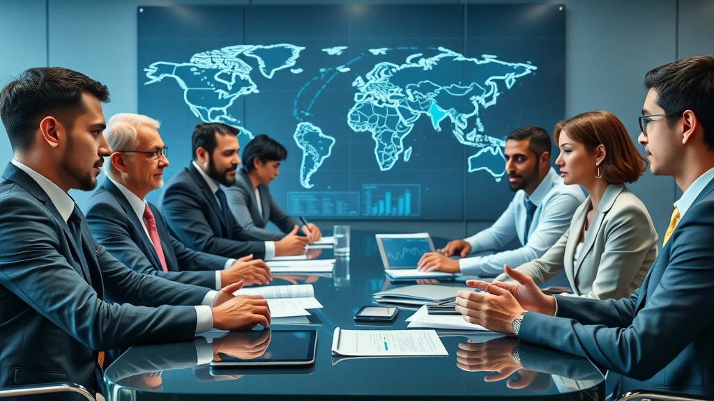 Sophisticated global trade negotiation, diverse business professionals, world trade policy data display, modern conference, trade policy