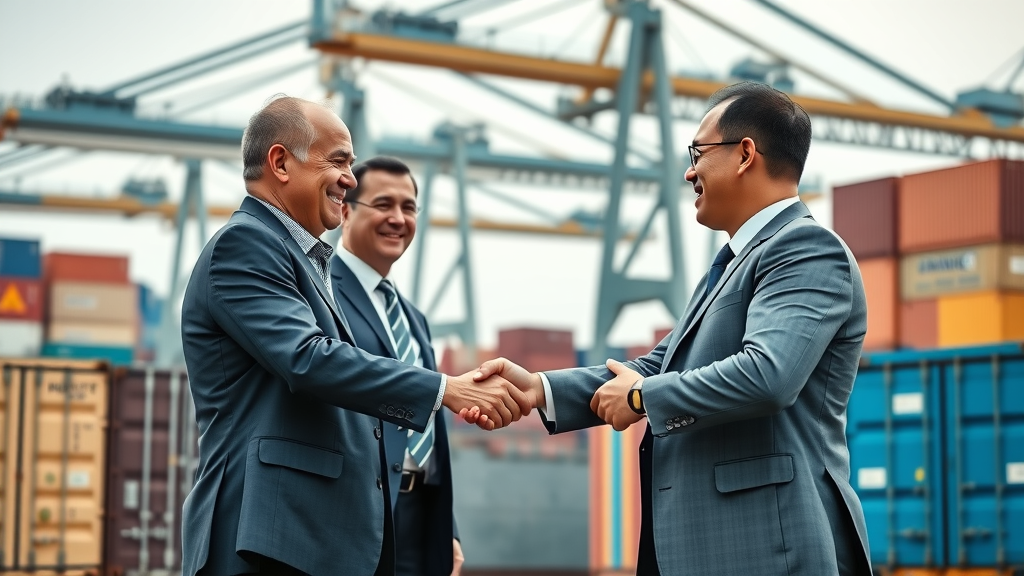 Business leaders handshake, international free trade agreement, port containers, trade policy