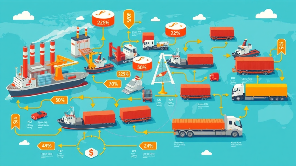 Infographic supply chain process, cost and policy icons, trade barriers, trade policy