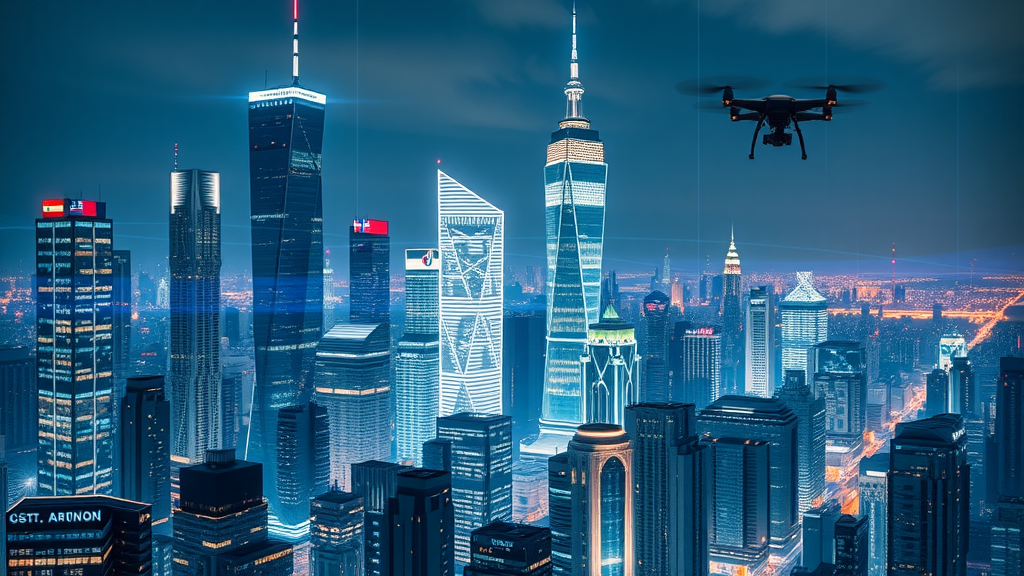 Futuristic city, international trade, U.S. and global flags, digital trade data, trade policies