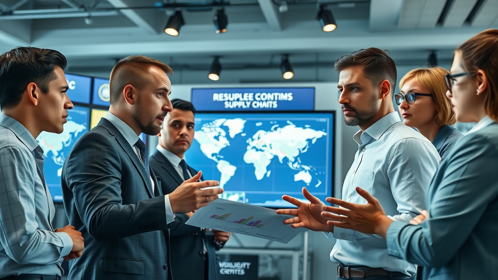 Business professionals analyzing global supply chain charts in a modern office setting, discussing reshoring electronics manufacturing