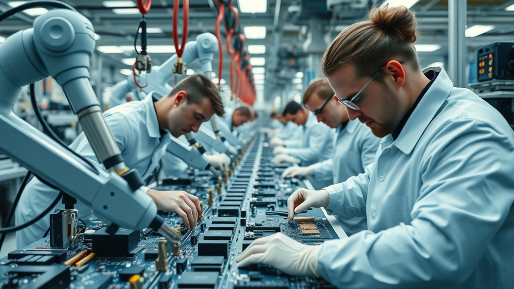 Technicians assembling circuit boards on a high-tech electronics manufacturing line, representing reshoring and supply chain innovation