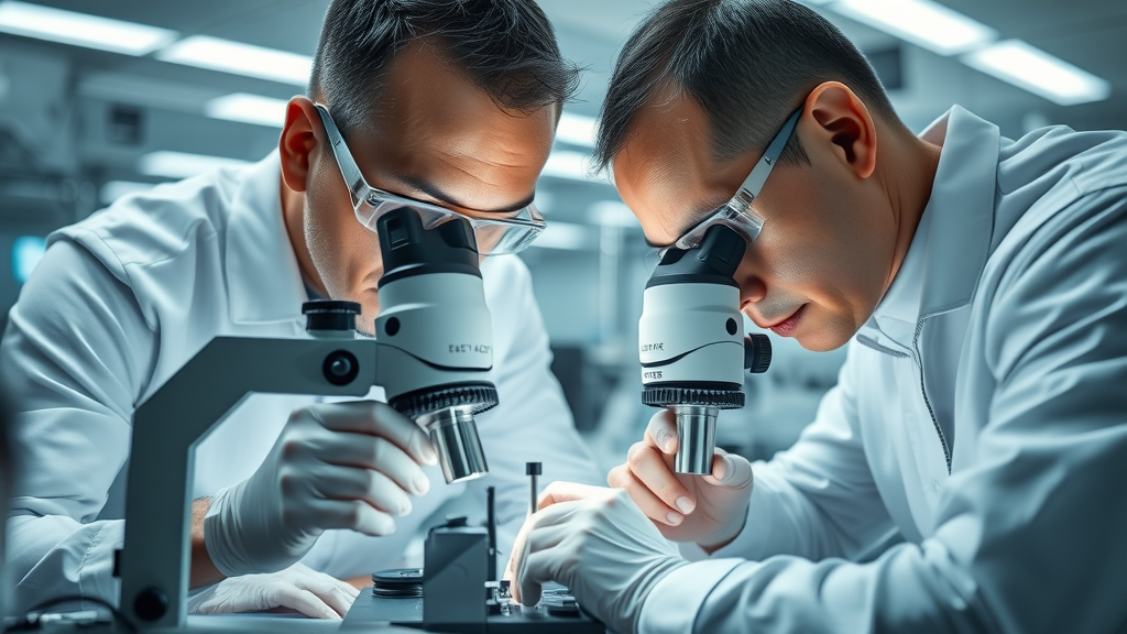 Engineers performing microchip inspections in a high-tech quality control lab for reshoring electronics manufacturing