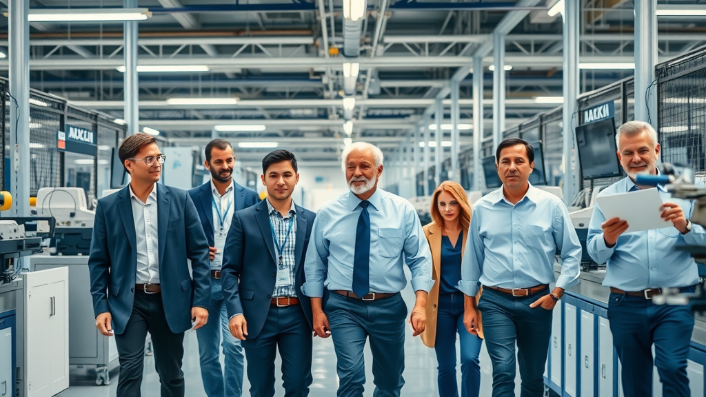 Executive and technical teams evaluating a high-tech electronics factory, illustrating reshoring trends and direct investment