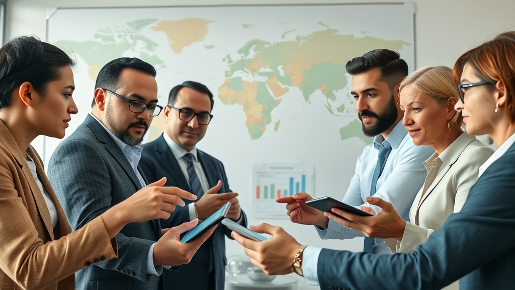 Diverse business leaders analyzing global trade agreements to inform electronics manufacturing reshoring strategies