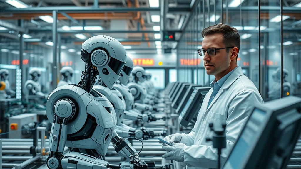 Engineers overseeing robots and AI systems in a cutting-edge electronics automation facility, highlighting reshoring modernization