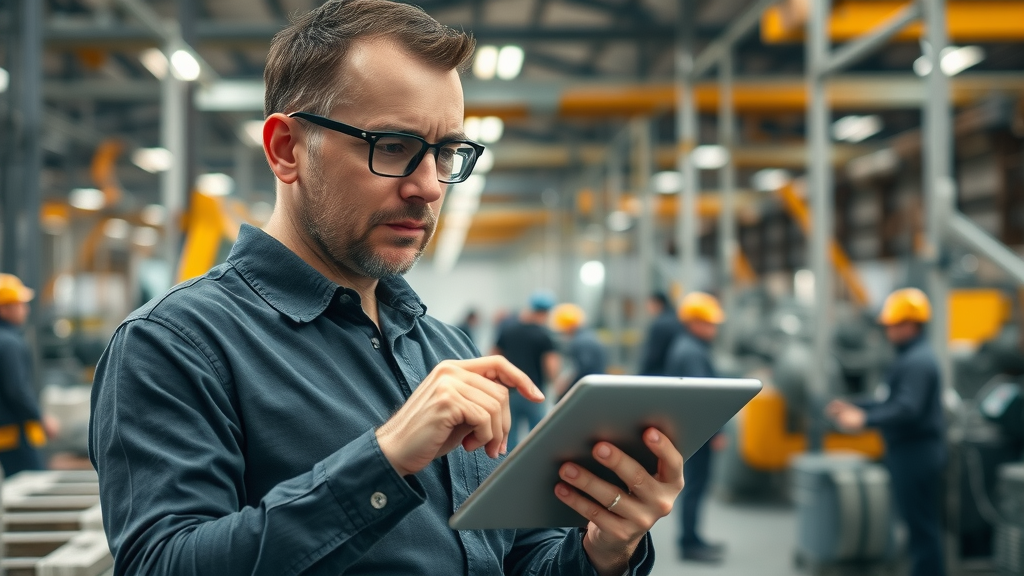 production monitoring - production manager reviews workflow bottlenecks with digital tablet in modern factory, workers and machinery in background